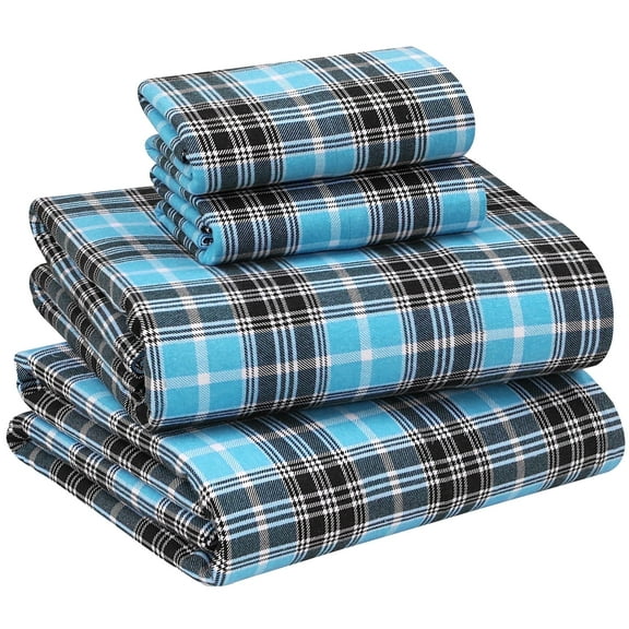 RUVANTI Flannel Sheets Queen Size - 100% Cotton Double Brushed Bed Sheets, Deep Pockets 16 Inches Queen Sheet Set, All Seasons Breathable & Extra Soft - Warm & Cozy, 4 Piece, Teal Plaid