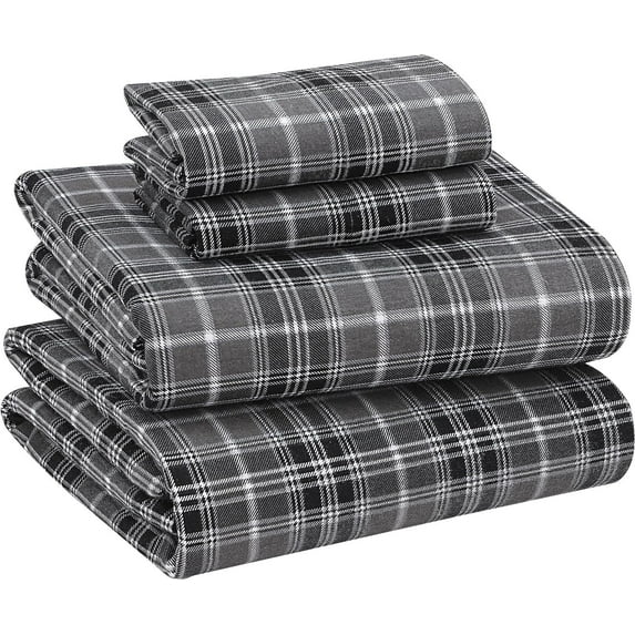 RUVANTI Flannel Sheets Queen Size - 100% Cotton Double Brushed Bed Sheets, Deep Pockets 16 Inches Queen Sheet Set, All Seasons Breathable & Extra Soft - Warm & Cozy, 4 Piece, Grey Plaid