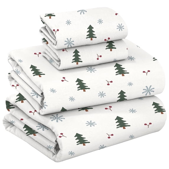 RUVANTI 100% Cotton Flannel Sheets Set - Queen - 4 Pcs - Berry & Pine