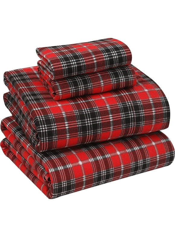 Ruvanti Flannel Sheets Queen Size - 100% Cotton Brushed Luxury Bed Sheet Sets - Deep Pockets 16 inches (Fits up to 18") - All Seasons Breathable & Super Soft - Warm & Cozy - 4 Pcs - Red Plaid