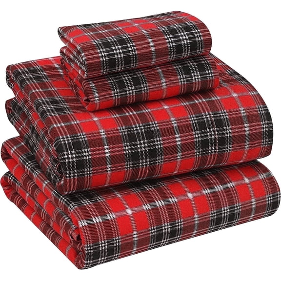 RUVANTI Flannel Sheets Queen Size - 100% Cotton Double Brushed Bed Sheets, Deep Pockets 16 Inches Queen Sheet Set, All Seasons Breathable & Extra Soft - Warm & Cozy, 4 Piece, Red Plaid