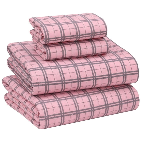 Ruvanti Flannel Sheets Twin Size - 100% Cotton Brushed Bed Sheet Sets - Deep Pockets 16 inches (Fits up to 18") - All Seasons Breathable & Super Soft - Warm & Cozy - 3 Pcs - Check & Bolt Pink