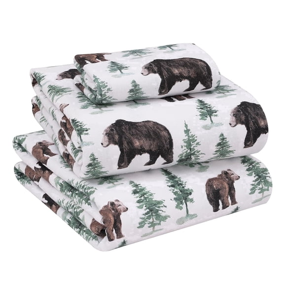 RUVANTI Flannel Sheets Twin Size - 100% Cotton Double Brushed Twin Sheets Set, 16" Deep Pockets 16 Inches, All Seasons Breathable & Extra Soft Bed Sheets, Warm & Cozy, 3 Piece, Bear & Tree