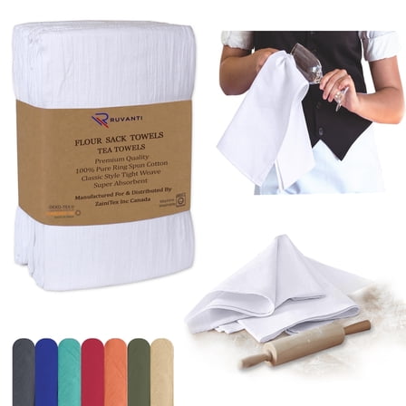 Ruvanti Flour Sack Towels 12 Pack 28 x 28 inches, Ring Spun 100% Cotton Flour Sack Dish Towels, Machine Washable, Absorbent Tea Towels - Flour Sack Kitchen Towels for Drying and Cleaning - White