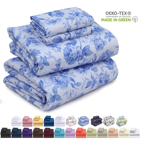 Ruvanti Full Size Sheets Set - Luxurious Silky Soft Microfiber Bedding - Cozy & Comfy - 15 inch Deep Pocket (Fits up to 17") Hotel Bed Sheets - 4 Pcs - Blue Floral
