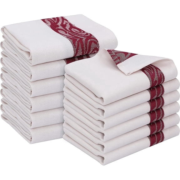 RUVANTI 100% Cotton Kitchen Towels Jacquard, Dish Towels for Kitchen, Washable Dish Cloths, Soft Tea Towels, Super Absorbent for Cleaning, Dishcloth for Quick Drying, 16x26, 12 Pack – Burgundy & Whit