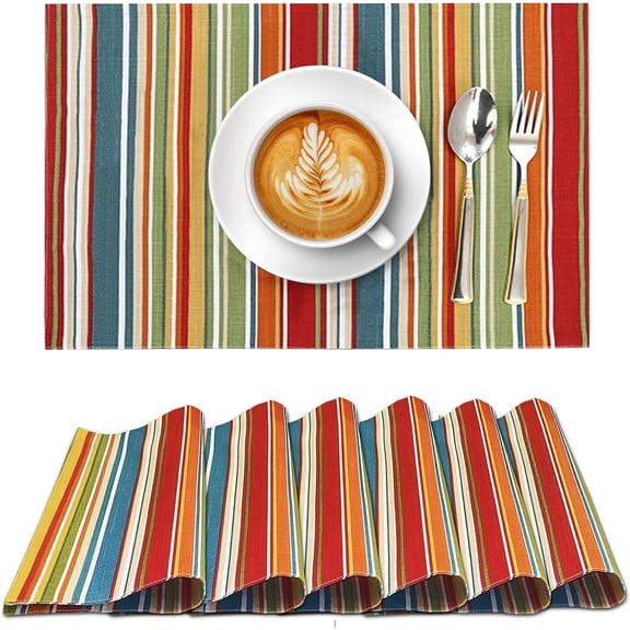 Ruvanti Placemats 100% Cotton 13x19 Inch, Dining Table Placemats Set of 6, Modern Place Mats for Dining Table Decor, Kitchen & Table Linens, Coffee Mat for Christmas Dinners - Multi Stripe