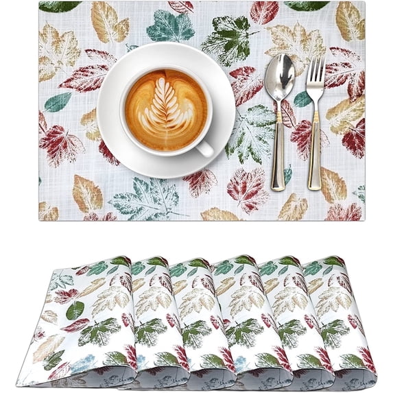 Ruvanti Placemats 100% Cotton 13x19 inch, Dining Table Placemats Set of 6, Modern Place Mats for Dining Table Decor, Kitchen & Table Linens, Coffee Mat for Christmas Dinners – Stamped Leaves