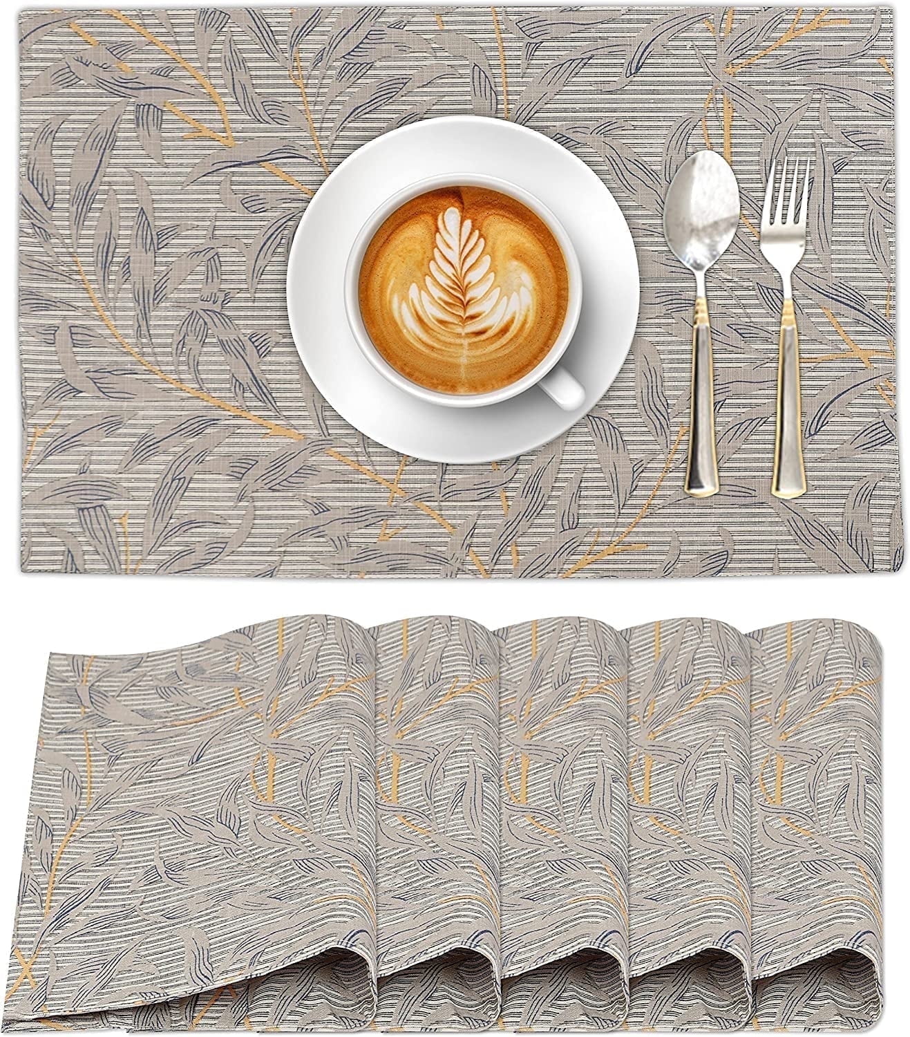 Leafy Gray and Beige Cotton Fall Placemats Set of 6