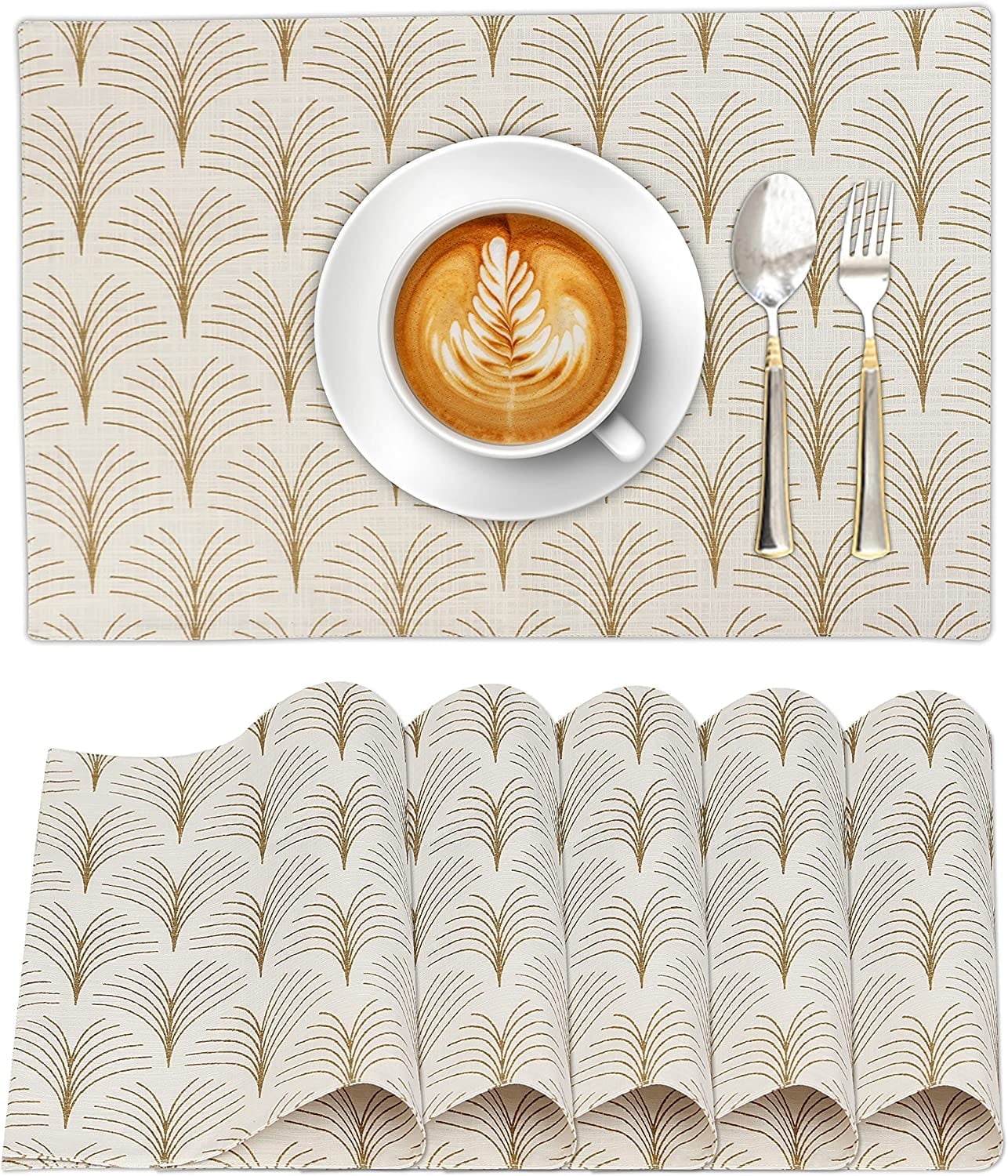 Luminous Beige and Gold Cotton Thanksgiving Placemats Set of 6