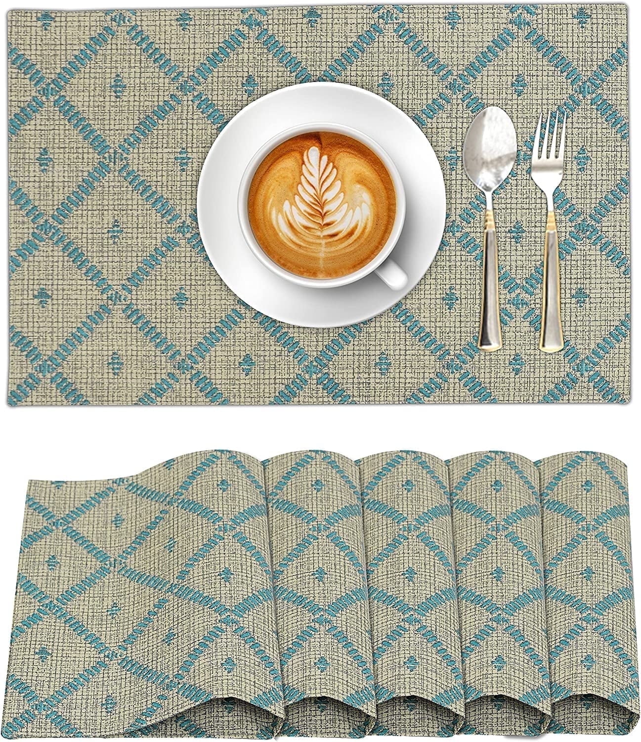 Ruvanti Beige and Blue Cotton Rectangle Placemats Set of 6