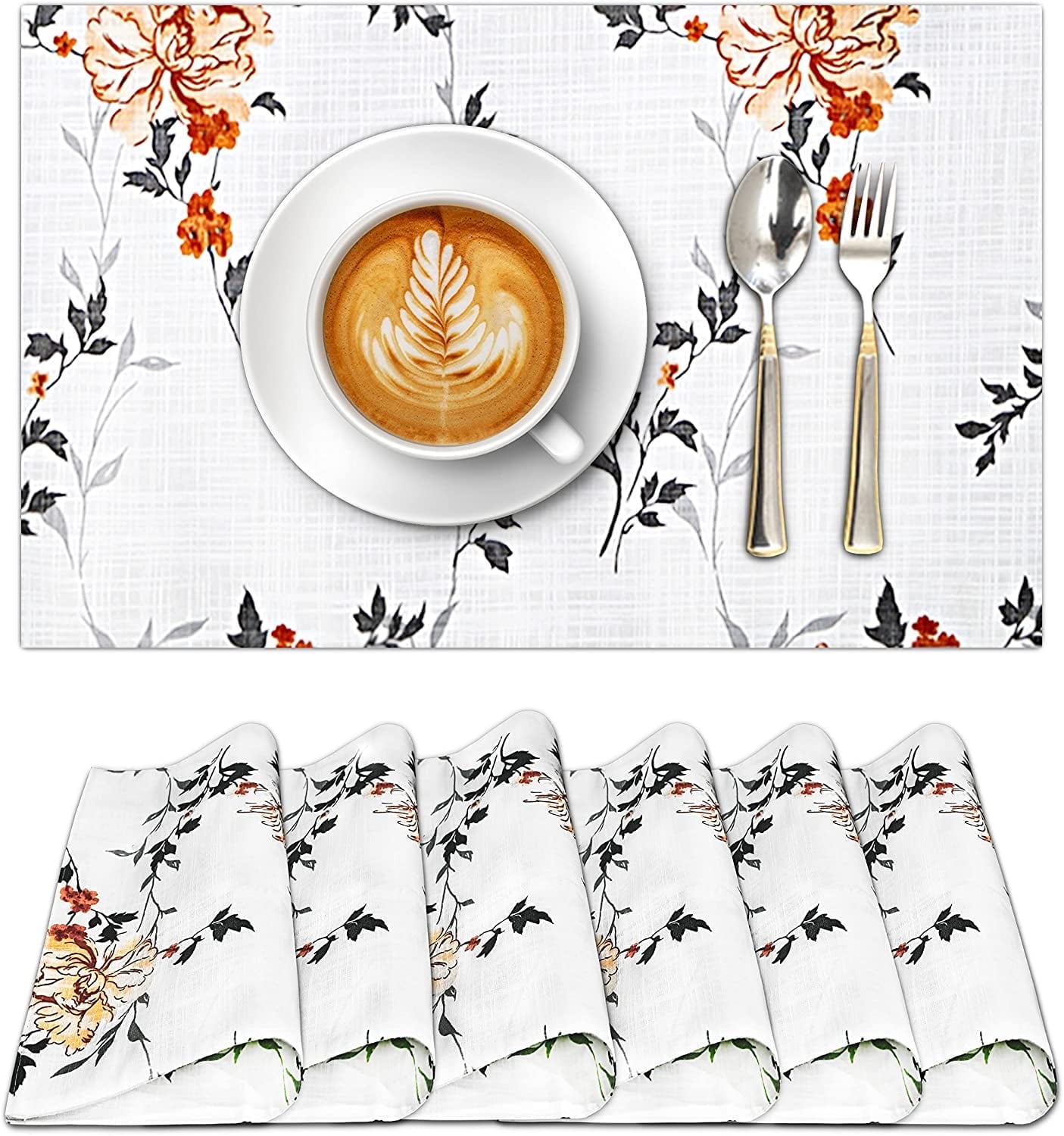 Ruvanti Placemats for Dinning Table. 100% Cotton 13x19 Cloth Placemats Set of 6, Grey & Orange Fall Leaf Woven Placemats. Kitchen Tablemats for Farmhouse, Spring Placemat, Christmas Tablemat