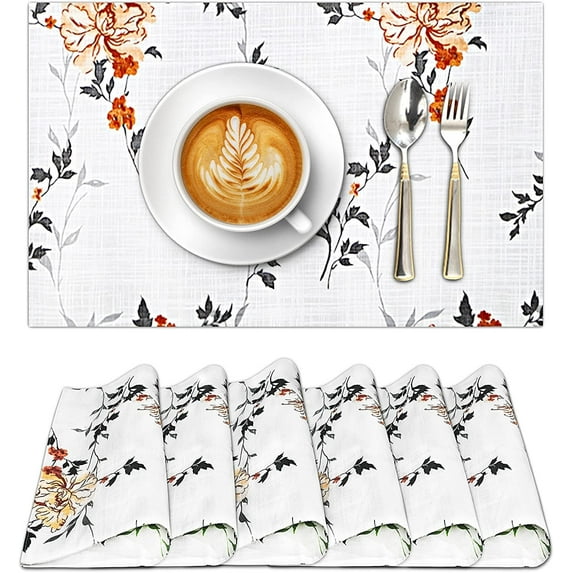 Ruvanti Placemats for Dinning Table. 100% Cotton 13x19 Cloth Placemats Set of 6, Grey & Orange Fall Leaf Woven Placemats. Kitchen Tablemats for Farmhouse, Spring Placemat, Christmas Tablemat
