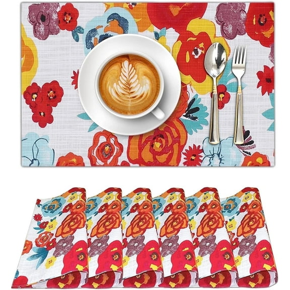 Ruvanti Placemats for Dinning Table. 100% Cotton 13x19 Placemats Set of 6 Piece, Red & Fall Multi Color Tablemats for Farmhouse, Spring Placemats Multi Flower