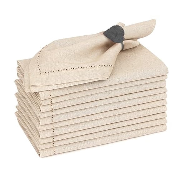 Ruvanti Premium Linen Napkins Set of 12-20x20 Inch, Classic Hemstitch, Mitered Corner Cloth Napkins - Soft, Elegant Dinner Napkins Cloth Washable for Weddings, Parties, Everyday Use - Natural