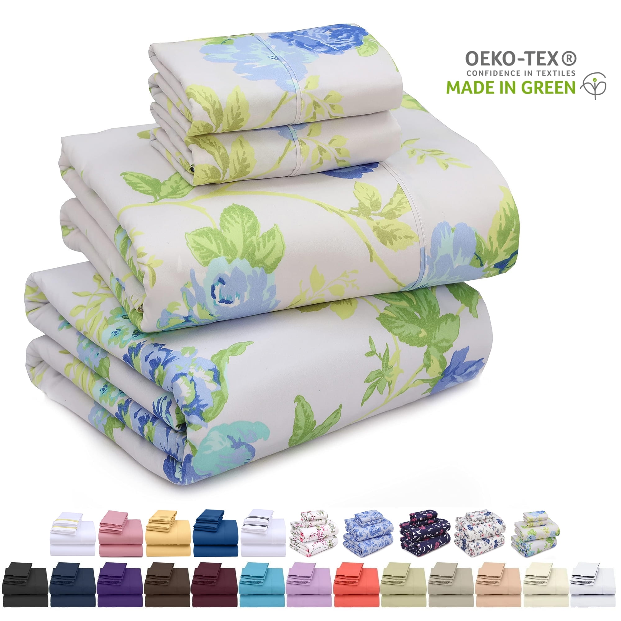 Queen Blue Floral Microfiber Deep Pocket Sheet Set