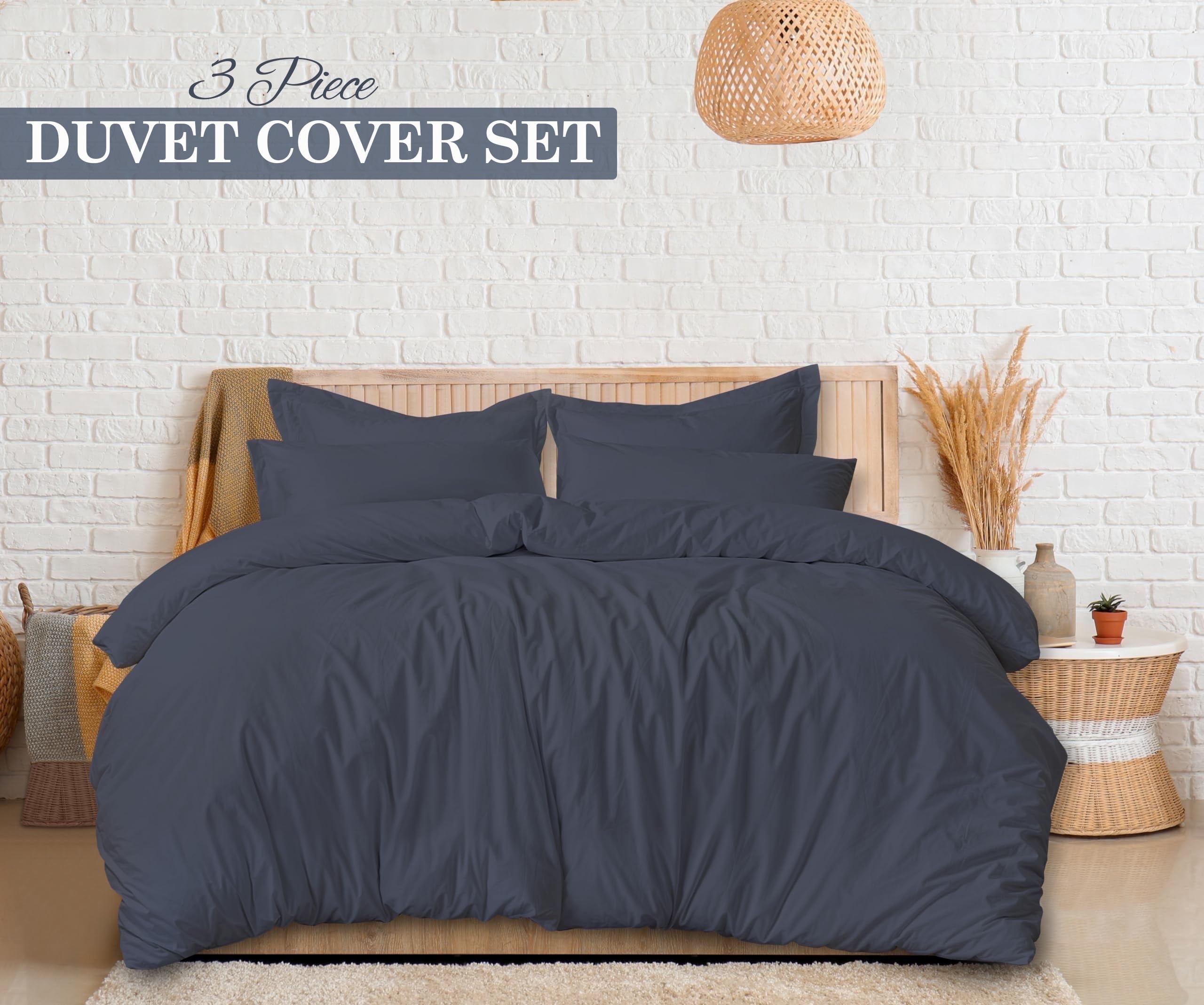 RUVANTI Dark Grey Duvet Cover Queen Size - Soft Egyptian Cotton Duvet Cover Set 3 Pieces with Button Closure, 1 Duvet Cover 92x96 inches and 2 Pillow Shams .