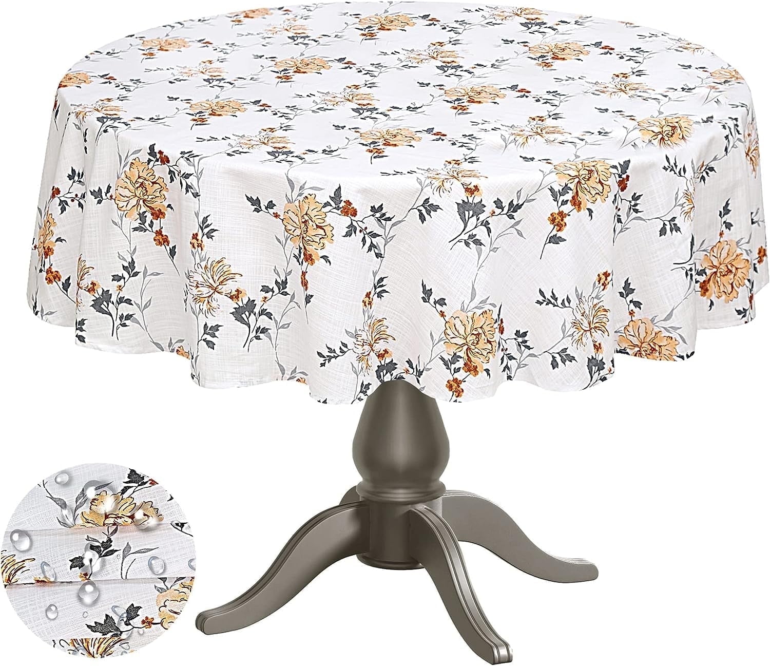 70 Inch Round Floral Cotton Tablecloth in White and Yellow