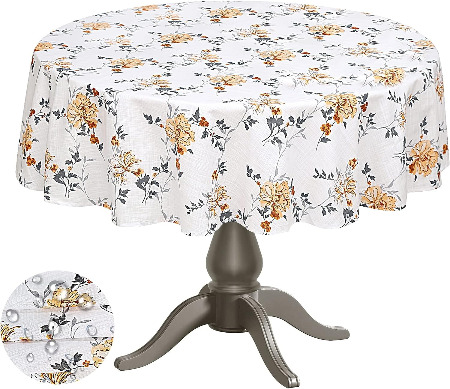 Ruvanti Round Tablecloth 70 inch, for 3-6 Feet Tables, Round Table Cover is Stain Resistant, Washable. Perfect for Indoor, Outdoor Tablecloth, Kitchen, Dining, Wedding, Parties - Orange Grey Floral