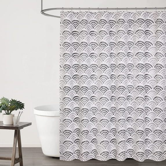 Ruvanti Shower Curtains 72x72 inch Polyester Cotton Blend, Bathroom Shower Curtain Scallop Grey Design. Fabric Shower Curtain, Washable, Decorative With 12 Curtain Hooks
