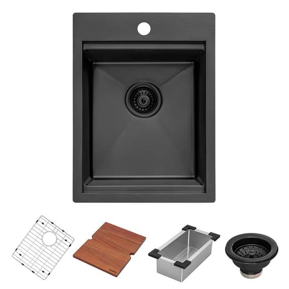 Ruvati RVH8215BL 15 in. Stainless Steel Drop in Top Mount Workstation Wet Bar Sink, Gunmetal Black