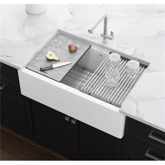 Ruvati RVG1533WH 33" Matte White Granite Farmhouse Workstation Kitchen Sink