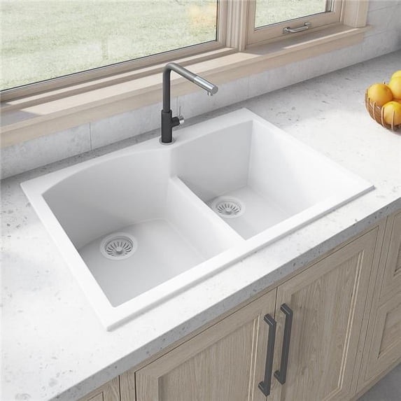 Ruvati USA RVG1345WH 33 x 22 in. EpiGranite Drop-in Topmount Granite Composite Double Bowl Kitchen Sink - White