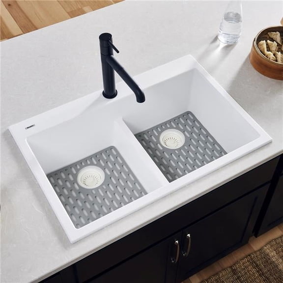 Ruvati USA RVG1385WH 33 x 22 in. EpiGranite Drop-in TopMount Granite Composite Double Bowl Low Divide Kitchen Sink - Arctic White