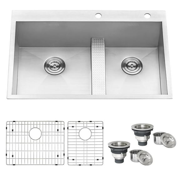 Ruvati 33-inch Drop-in Low Platform-Divide 16 Gauge Topmount Kitchen Sink