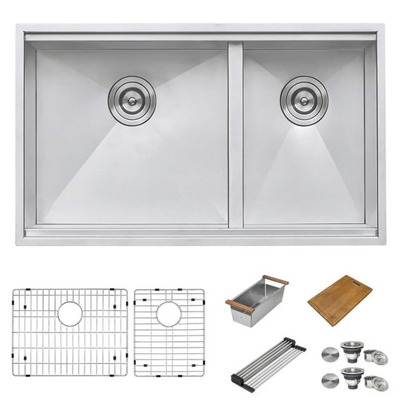 Ruvati 33in Workstation Ledge 60/40 Double Bowl Undermount 16 Gauge Kitchen Sink