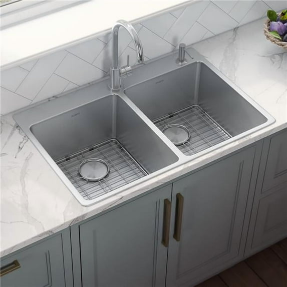 Ruvati RVM5150 Grey Stainless Steel 33 x 22 Inch Rectangular Drop-in Double Bowl Sink