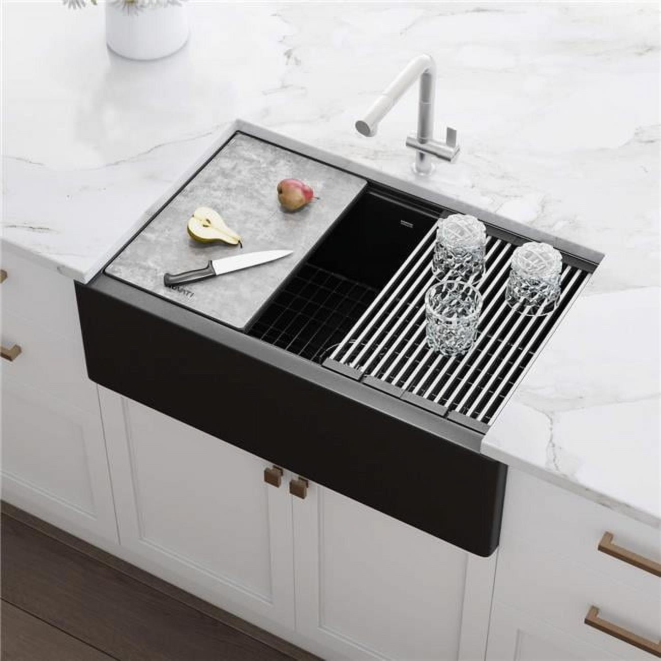 Midnight Black Granite Farmhouse Workstation Sink with Accessories