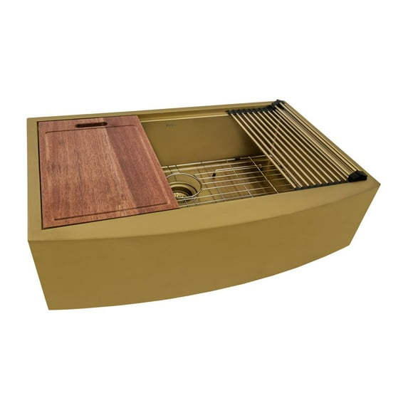 Ruvati 33in Matte Gold Workstation Apron-Front Brass Tone Stainless Steel Kitchen Sink