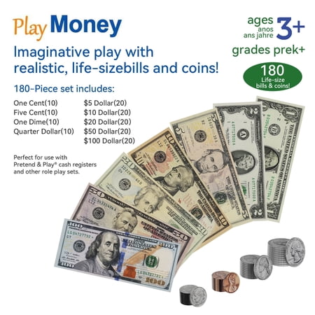 Ruvince 180pcs Kids Learning Play Money and Coin Set Educational Prop Money to Build Kids Math Counting Skills Ages 5 and up