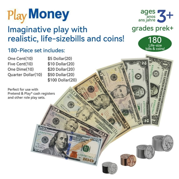 Ruvince 180pcs Kids Learning Play Money and Coin Set Educational Prop Money to Build Kids Math Counting Skills Ages 5 and up