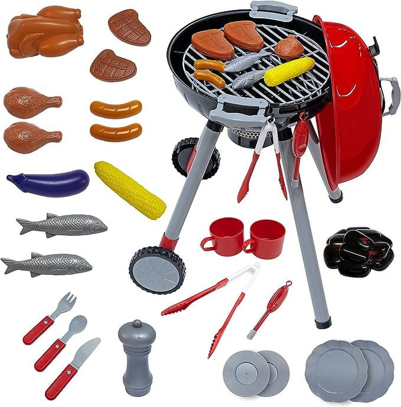 Ruvince 31 Pcs BBQ Toy Grill Set Toddler BBQ Grill Playset Multi color