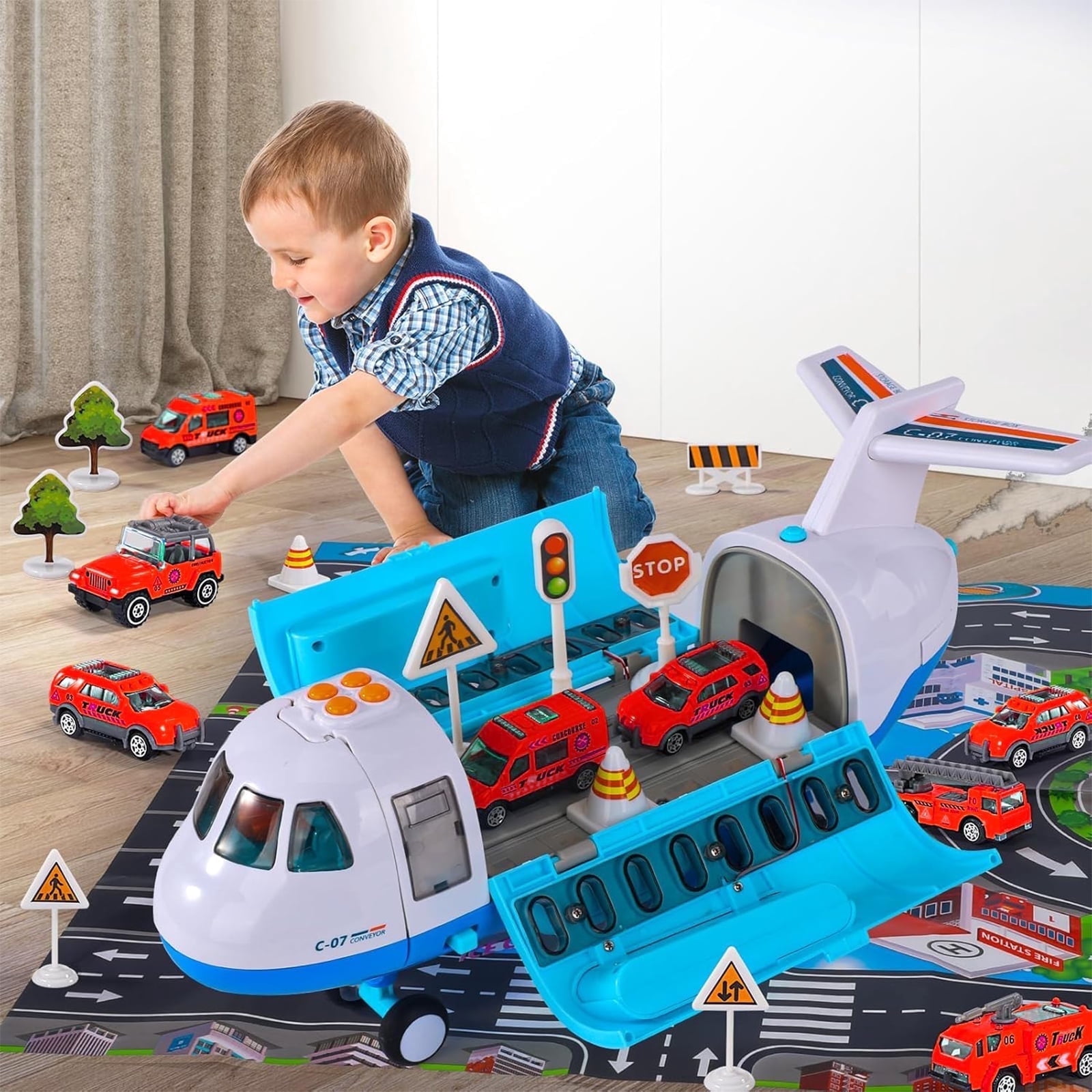 Ruvince Airplane Toys for Toddlers 3-5 , Large Transport Cargo Airplane with 6 Construction Vehicle 10 Road Signs 1 Play Mat, Airplane with Lights Sounds for Boys Age 3 4 5 6