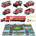 thumbnail image 1 of Ruvince Fire Truck Rescue Vehicle Toy Set w/Play Mat, Truck Carrier,Ambulance, Alloy Metal Fighting Car for 3 4 5 6 Years Old Toddlers Kids Boys and Girls, 1 of 6