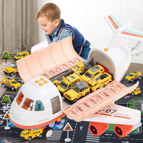 Ruvince Large Transport Cargo Airplane Toy Set for Toddlers 3-5 Years, with 6 Construction Vehicles, 10 Road Signs, and 1 Play Mat