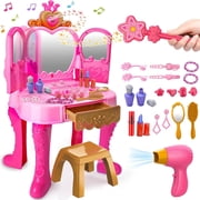 Ruvince Toddler Princess Vanity Set With Magic Mirror Music & Light   Pink Makeup Toy Table and Chair, Hair Salon Pretend Play Set for 1-5 Year Old Girls, Birthday Gift With Accessories