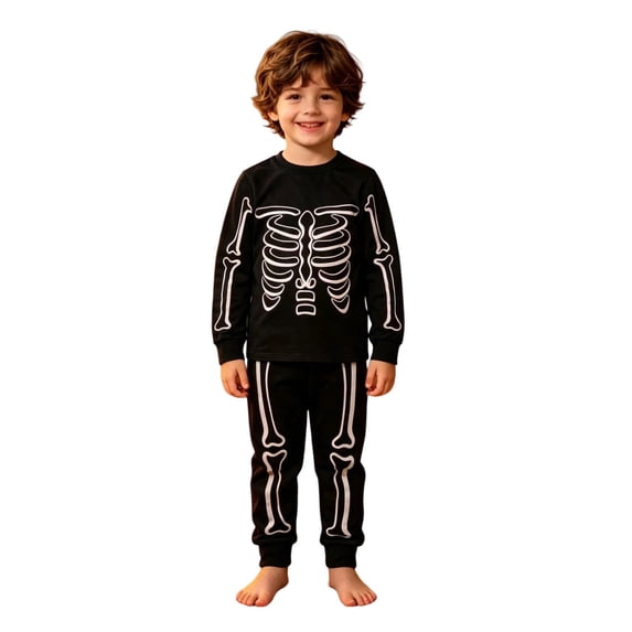 Ruyang 2 Piece Sets for Boys Toddler Skeleton Print Long Sleeve Crew Neck Top Baggy Sweatpants Kids Halloween Outfits for Party Activity
