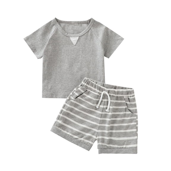 Ruyang 2-Piece Summer Clothes for Boys Plain Color Tshirt Sets Short Sleeve Shirts & Striped Shorts Athletic Outfits