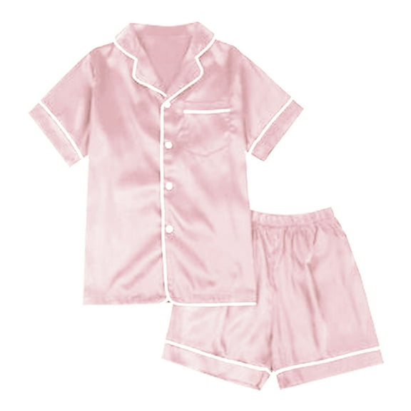 Ruyang 2-Piece Summer Pjs for Boys Girls Satin Button Down Tshirt Sets Short Sleeve Top & Shorts Silk Pajamas Outfits