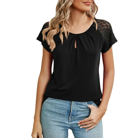 Ruyang 2024 Summer Tops for Women Solid Color Round Neck Lace Splicing Short Sleeved T Shirt Tops For Women Womens Layering Shirts
