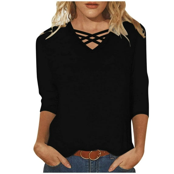 Ruyang 3/4 Length Sleeve Womens Tops Summer V Neck Blouses Trendy Stripe Gradient Shirts Dressy Casual Loose Tees Cotton Spandex Tee Women