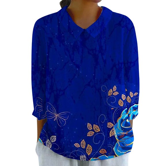 Ruyang 3/4 Sleeve Shirts for Women Bell V Neck Graphic T Shirts Button Pleated Boho Tops Elegant Vintage Floral Blouse