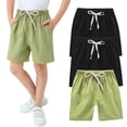 thumbnail image 1 of Ruyang 3 Pack Kids Cotton Linen Shorts Solid Casual Elastic Waist Wide Leg Shorts Summer Lightweight Beach Vacation Shorts, 1 of 4