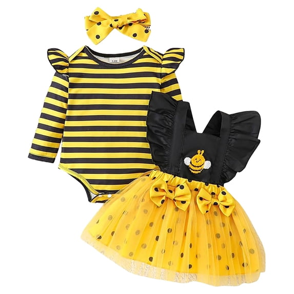 Ruyang 3 Piece Outfits for Baby Girls Sleeveless Bee Embroidered Dresses and Stripe Romper and Headband Summer Cotton Casual Clothes