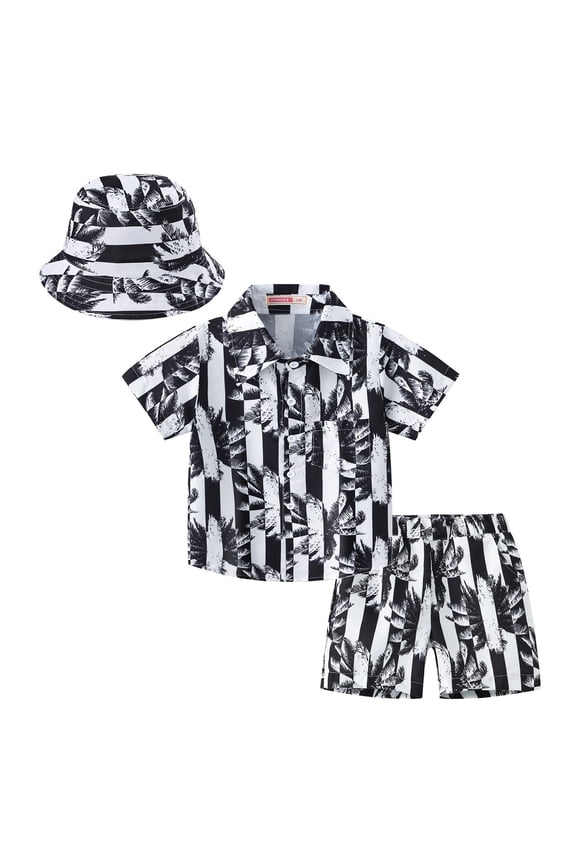 3-Piece Summer Clothes for Boys Coconut Tree Print Button Down Short Sleeve Shirts & Hat & Shorts Causal Outfits