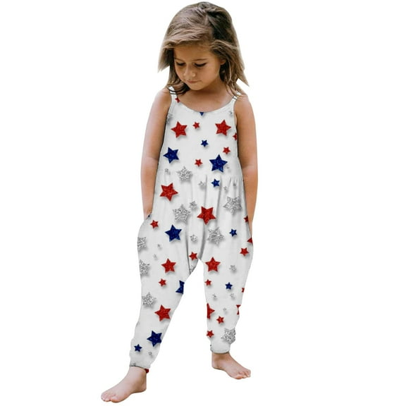 Ruyang 4th Of July Girls Jumpsuit Independence Day Clothes Kid American Flag Patriotic Summer USA Set Toddler Romper Sleeveless